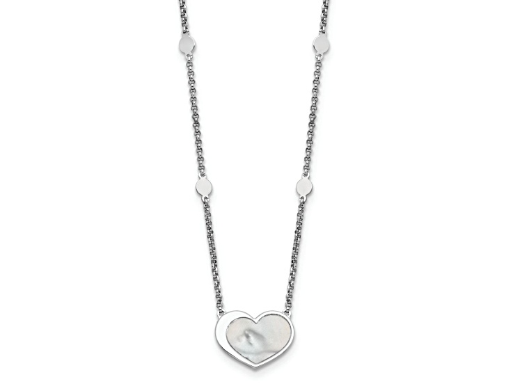 Rhodium Over Sterling Silver Mother of Pearl Heart 16-inch with 1-inch Extension Necklace