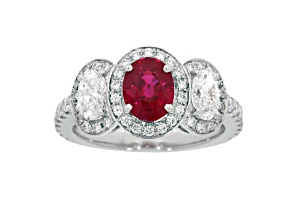 Oval Red Ruby and White Diamond Platinum Ring. 2.72 CTW