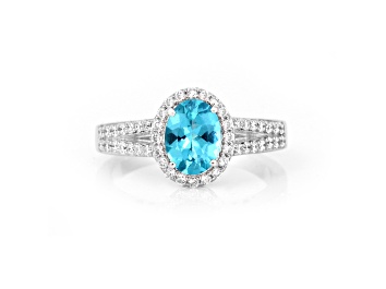 Picture of Rhodium Over Sterling Silver Paraiba Blue Apatite and Lab Grown Diamond Oval Ring