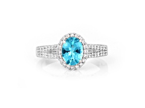 Rhodium Over Sterling Silver Paraiba Blue Apatite and Lab Grown Diamond Oval Ring 5.42ctw