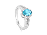 Rhodium Over Sterling Silver Paraiba Blue Apatite and Lab Grown Diamond Oval Ring