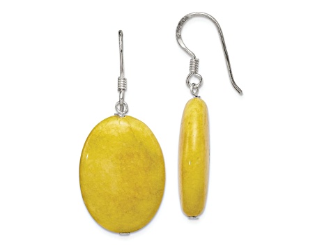 Sterling Silver Polished Yellow Jadeite Oval Dangle Earrings