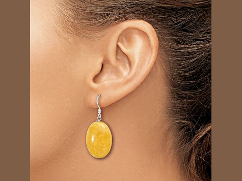 Sterling Silver Polished Yellow Jadeite Oval Dangle Earrings