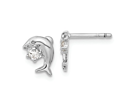 Rhodium Over Sterling Silver Cubic Zirconia Dolphin Post Earrings