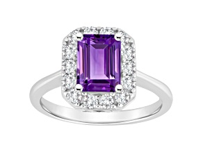 8x6mm Emerald Cut Amethyst And White Topaz Accents Rhodium Over Sterling Silver Halo Ring
