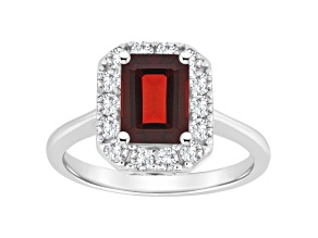 8x6mm Emerald Cut Garnet And White Topaz Accents Rhodium Over Sterling Silver Halo Ring