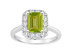 8x6mm Emerald Cut Peridot And White Topaz Accents Rhodium Over Sterling Silver Halo Ring
