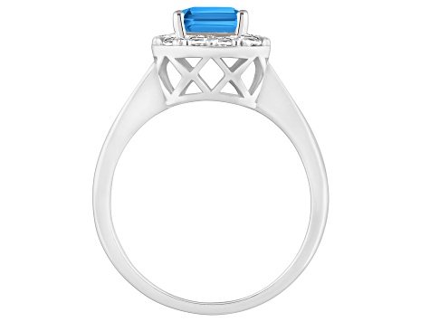 8x6mm Emerald Cut Swiss Blue Topaz And White Topaz Accents Rhodium Over Sterling Silver Halo Ring