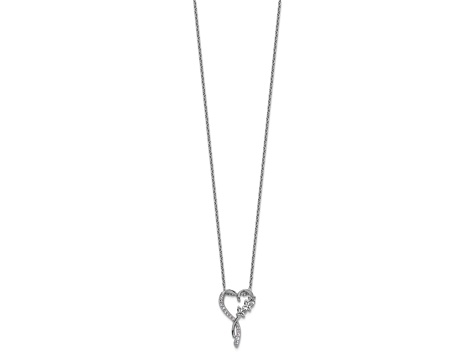Rhodium Over Sterling Silver Cubic Zirconia Butterflies Heart with 2-inch Extension Necklace