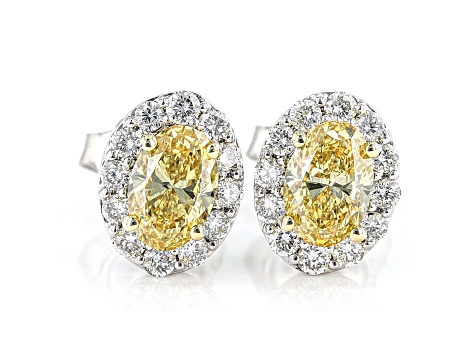 Oval Yellow And Round White Lab-Grown Diamond 14kt White Gold Halo Stud Earrings 1.50ctw