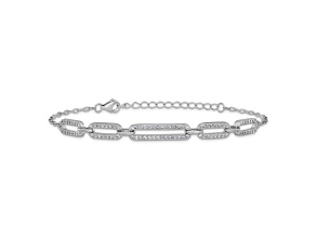 Rhodium Over Sterling Silver Polished Cubic Zirconia Link with 1.5-inch Extension Bracelet