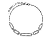 Rhodium Over Sterling Silver Polished Cubic Zirconia Link with 1.5-inch Extension Bracelet