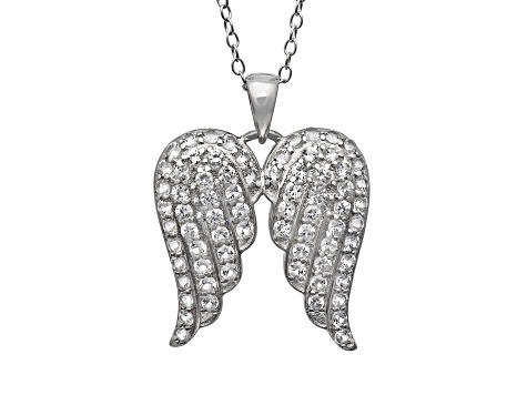 Lab Created White Sapphire Sterling Silver Angel Wings Pendant with Chain 1.08ctw