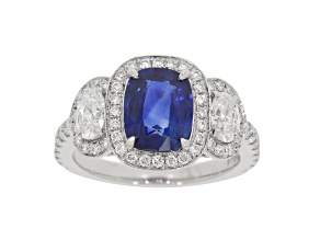 Cushion Blue Sapphire and White Diamond Platinum Ring. 3.56 CTW