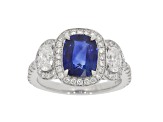 Cushion Blue Sapphire and White Diamond Platinum Ring. 3.56 CTW