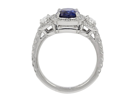 Cushion Blue Sapphire and White Diamond Platinum Ring. 3.56 CTW