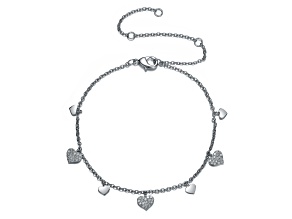 Kids/Teens Rhodium Plated over Brass Heart Charm Bracelet with Clear Cubic Zirconia