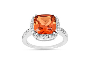 Rhodium Over Sterling Silver Lab Created Padparadscha Sapphire Cushion Cut Halo Ring 3.49ctw