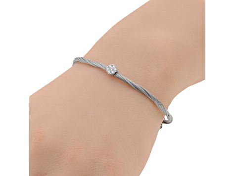 Diamond Stainless Steel and 18K White Gold Cable Bracelet