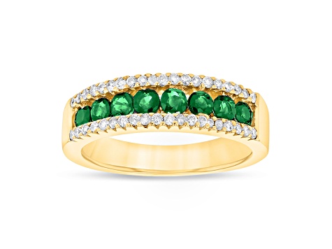 Emerald and Diamond 14k Yellow Gold Band Ring 0.90ctw