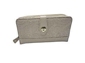 Stone Mountain Paisley Embossed Leather Large Tab Zip Around with Wristlet Strap Bone Color