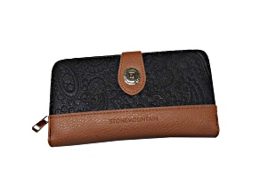 Stone Mountain Paisley Embossed Leather Large Tab Zip Around with Wristlet Strap Black Tan