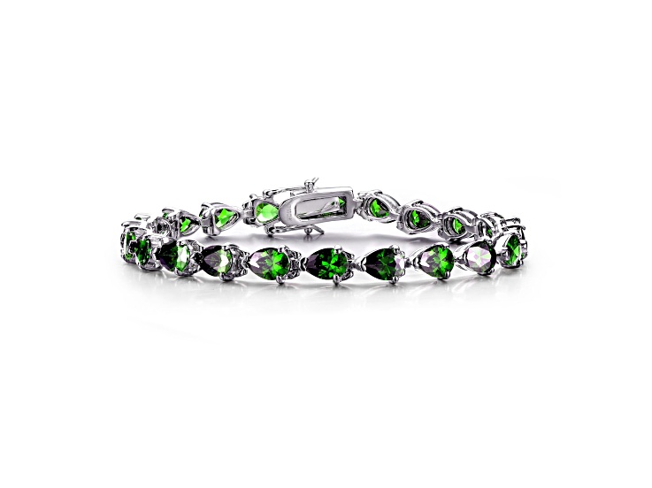 Emerald Green Pear Shaped Cubic Zirconia, Rhodium Plated over Brass Tennis Bracelet