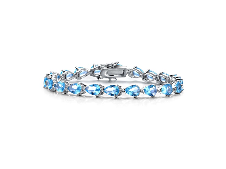Blue Topaz Pear Shaped Cubic Zirconia, Rhodium Plated over Brass Tennis Bracelet