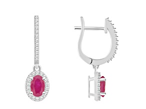 6x4mm Oval Ruby 1/3 ctw Diamond Rhodium Over Sterling Silver Halo Dangle Earrings