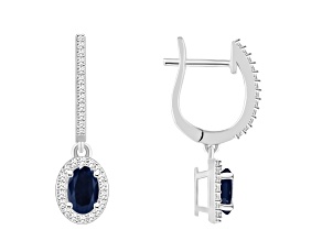 6x4mm Oval Sapphire 1/3 ctw Diamond Rhodium Over Sterling Silver Halo Dangle Earrings
