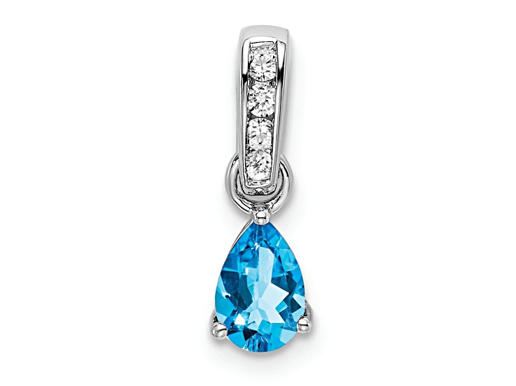 Rhodium Over 10k White Gold 0.5 cttw Pear Blue Topaz and Accent Diamond Pendant