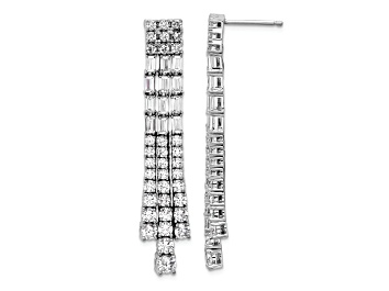 Picture of Rhodium Over Sterling Silver Polished Fancy 3-Row Cubic Zirconia Post Dangle Earrings
