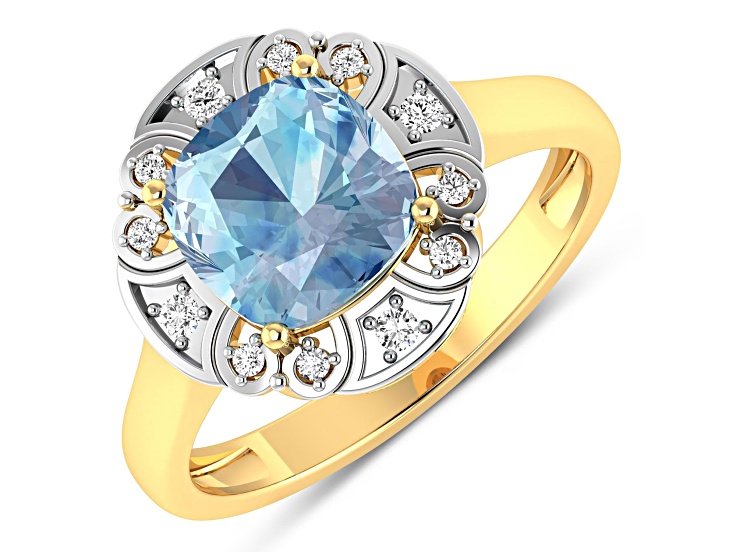 Blue Aquamarine and White Diamond 14K Yellow Gold Halo Ring 1.57 ctw
