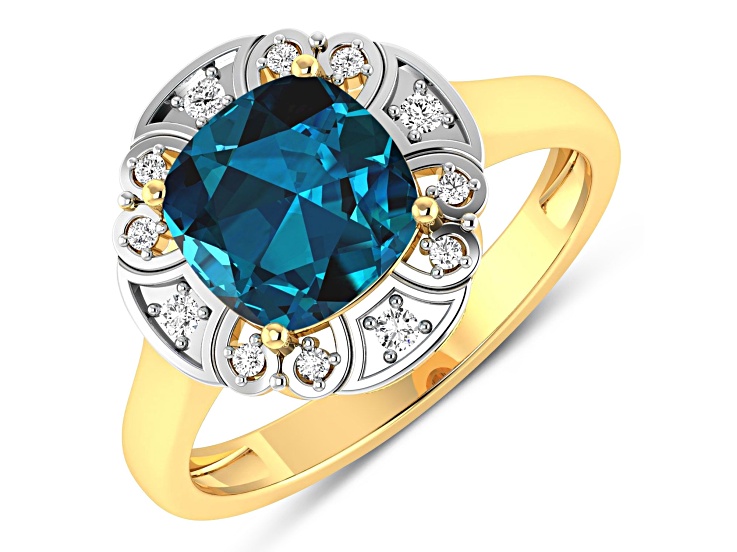 London Blue Topaz and White Diamond 14K Yellow Gold Halo Ring 2.24 ctw