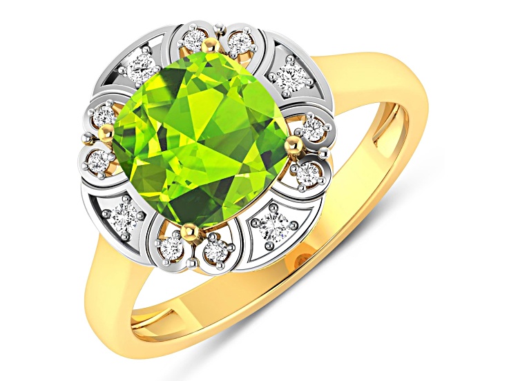 Green Peridot and White Diamond 14K Yellow Gold Halo Ring 2.11 ctw