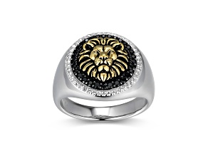 Black Spinel Rhodium and 18k Yellow Gold Over Sterling Silver Men's Lion Ring 0.53ctw