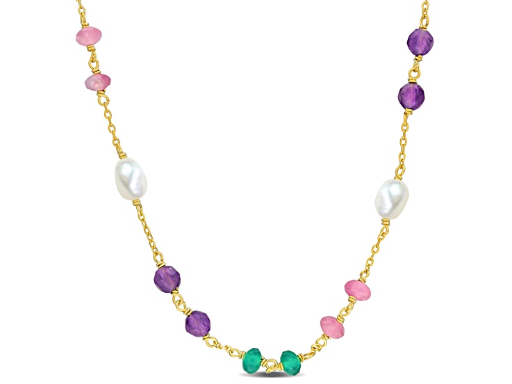 4.5ctw Multi-Gemstone and Freshwater Cultured Pearl Necklace in 14K Yellow Gold Over Sterling Silver