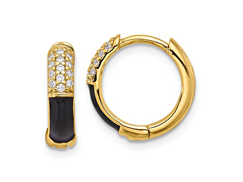 Sterling Silver Gold-tone Black Enamel CZ Hoop Earrings