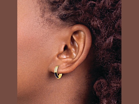 Sterling Silver Gold-tone Black Enamel CZ Hoop Earrings