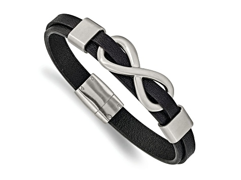 Black Leather and Stainless Steel Brushed and Polished Infinity Sign Bracelet