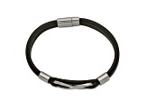 Black Leather and Stainless Steel Brushed and Polished Infinity Sign Bracelet