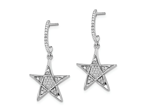 Rhodium Over 14k White Gold Polished Diamond Star Dangle Earrings