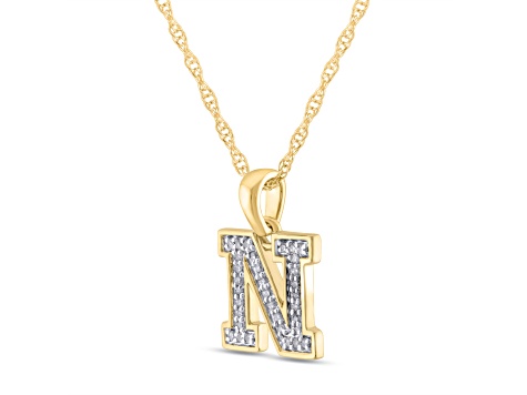 White Diamond Accent 10k Yellow Gold N Initial Pendant With 18” Rope Chain