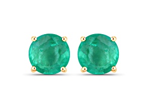 Round Green Zambian Emerald Gemstone 10K Yellow Gold Studs Earrings