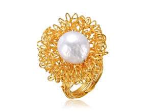 14k Gold Plated over Sterling Silver 14MM Genuine Freshwater Pearl Floral Ring