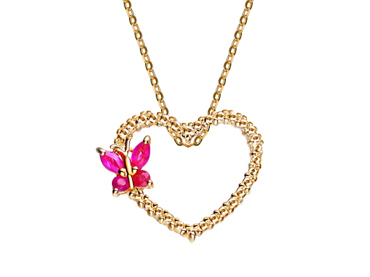 14k Gold Plated over Sterling Silver with Butterfly Ruby Color Cubic Zirconia Heart Pendant Necklace