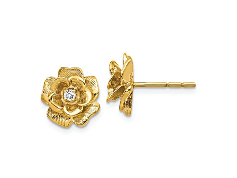 14k Yellow Gold 11mm Textured Diamond Flower Stud Earrings