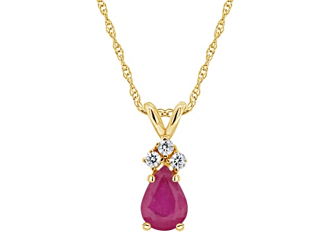 6x4mm Pear Shape Ruby with Diamond Accents 14k Yellow Gold Pendant With Chain