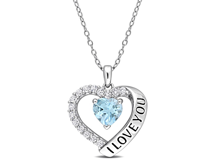 1.88ctw Sky Blue and White Topaz Heart "I love You" Heart Pendant with Chain in Sterling Silver