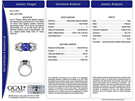 Oval Blue Sapphire and White Diamond Platinum Ring. 4.43 CTW